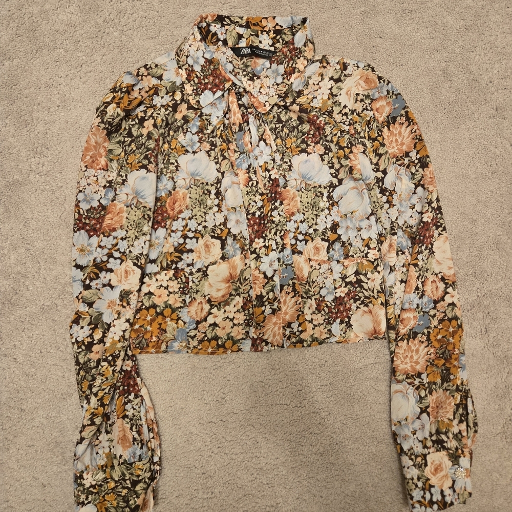 Zara Floral Blouse - Blue, Brown, Cream